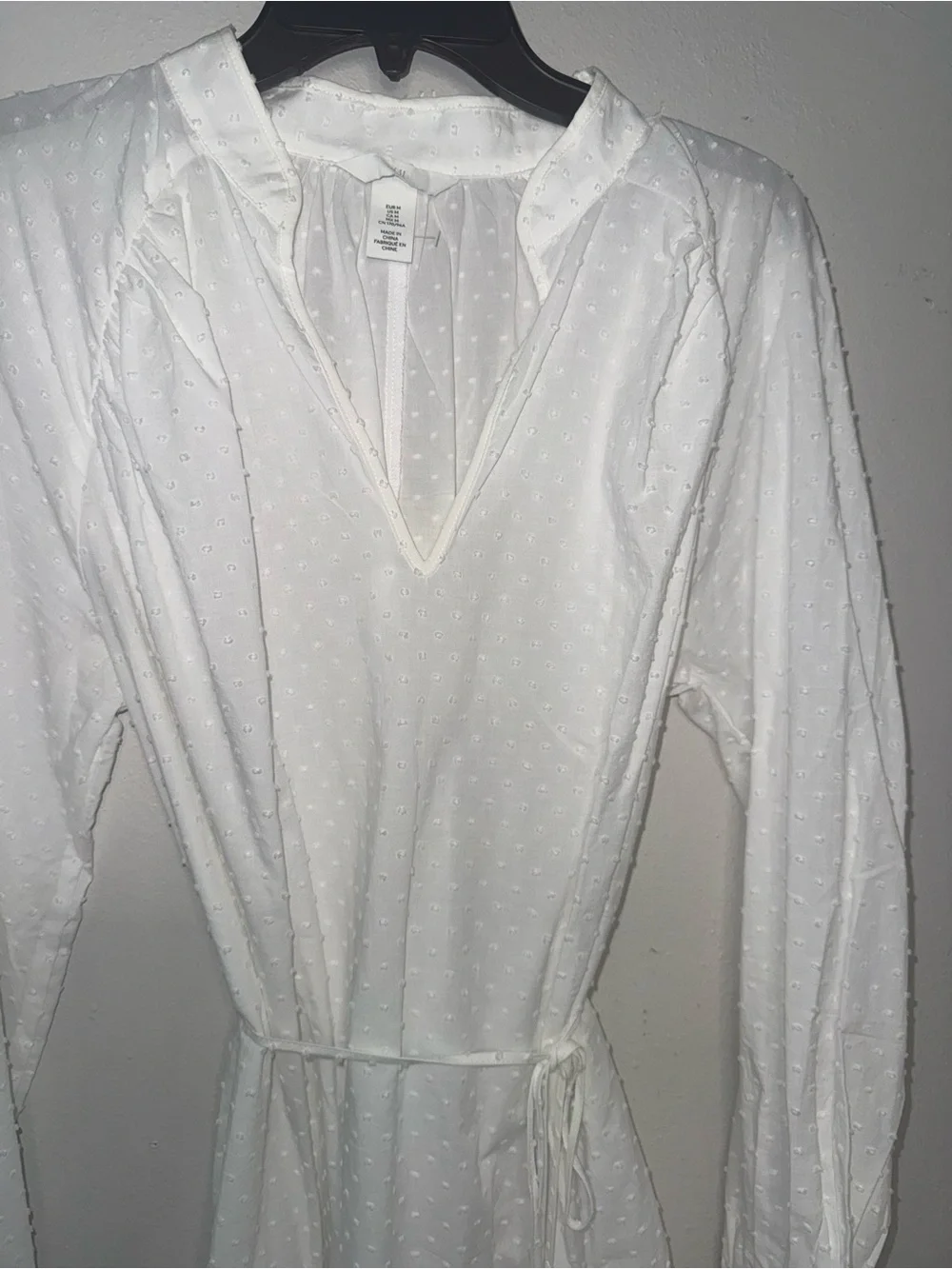 H&M White Long-Sleeve V-Neck Tie-Waist Tiered Mini Dress